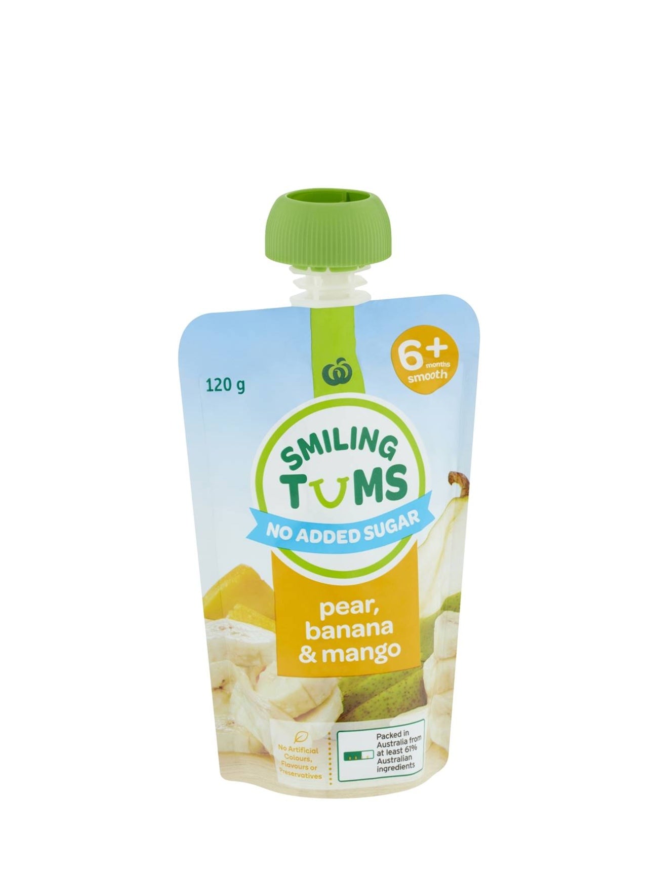 WOOLWORTHS SMILING TUMS PEAR BNN&MANGO PUREE 120G